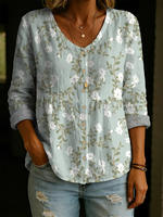 Plus Size Women's Base Blue Flower Print V-Neck Blouse thumbnail 7