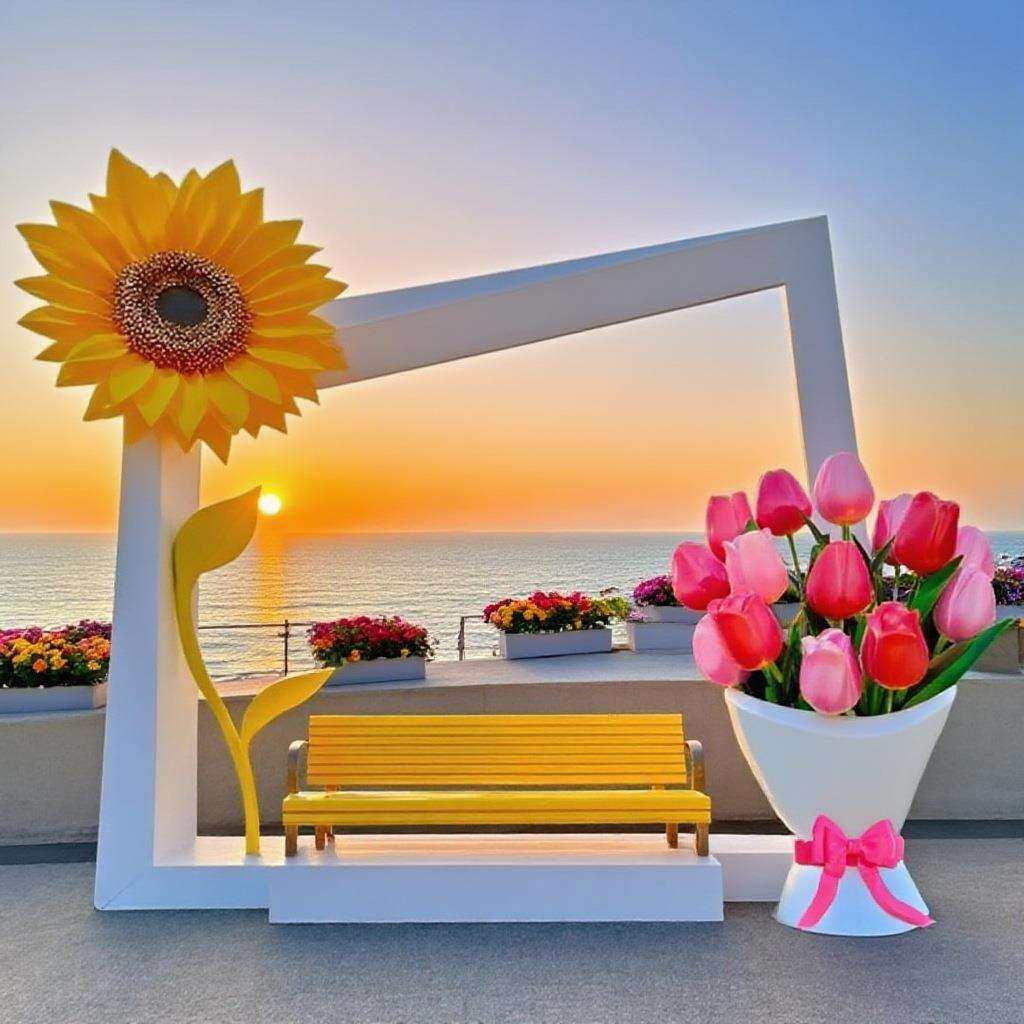 网红打卡爱心户外拍照云朵天梯摆件景区草坪向日葵花束相框摆件大