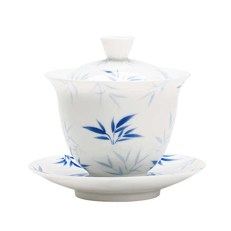 玉泥手绘竹叶三才盖碗陶瓷釉下彩薄胎家用泡茶碗茶杯白瓷功夫茶具