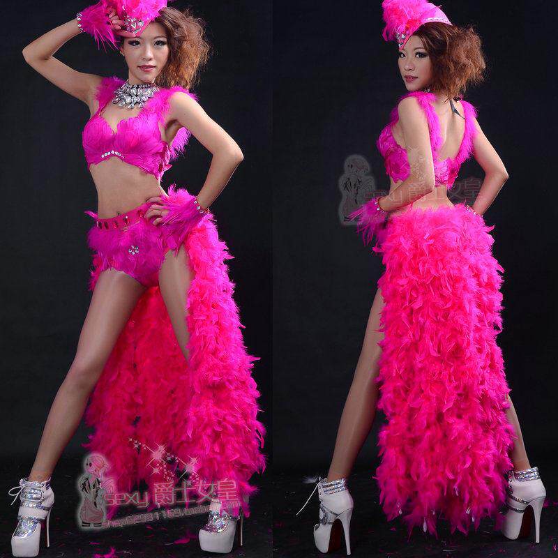 时尚性感长尾羽毛t台服装欧美夜店Gogo表演服装酒吧B组表演