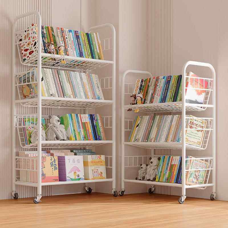 儿童书架铁艺绘本收纳架家用阅读区简易书柜可移动带轮落地置物架