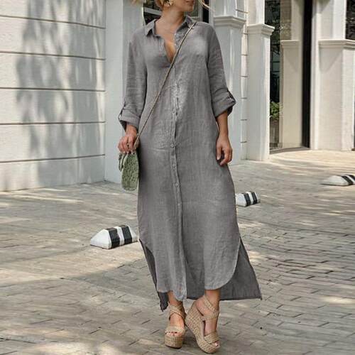 Cotton and linen dress, shirt collar, cotton and linen