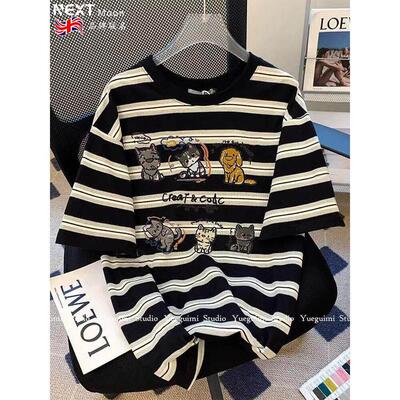 Next Moon英国联名韩系黑白条纹趣味短袖t恤女2026夏季新款宽松