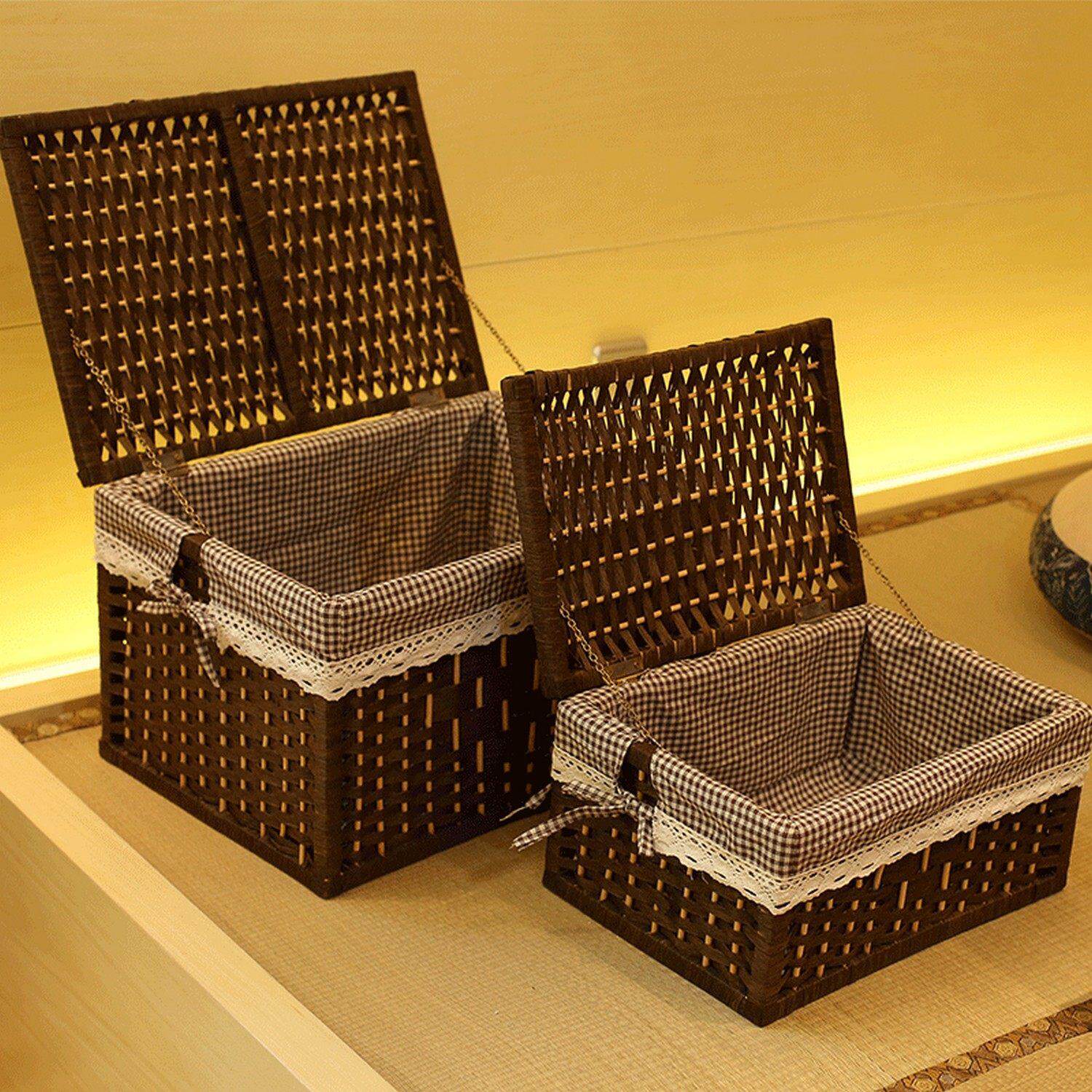 实木编织竹编收纳筐带盖子储物篮桌面收纳盒脏衣服收纳箱长方形竹