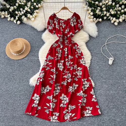 One shoulder elastic waist floral dress for women with