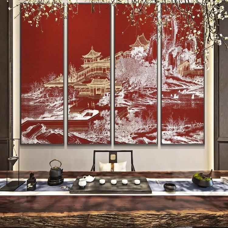 玄茶室高档浮雕关厅红色壁画客餐酒CGV店书房中堂新中多联式装饰