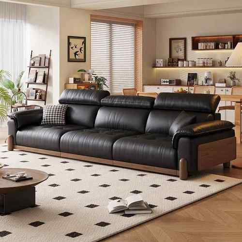 复古风多功能沙发床客厅中古风可调节头枕电动伸缩直排黑色皮沙发