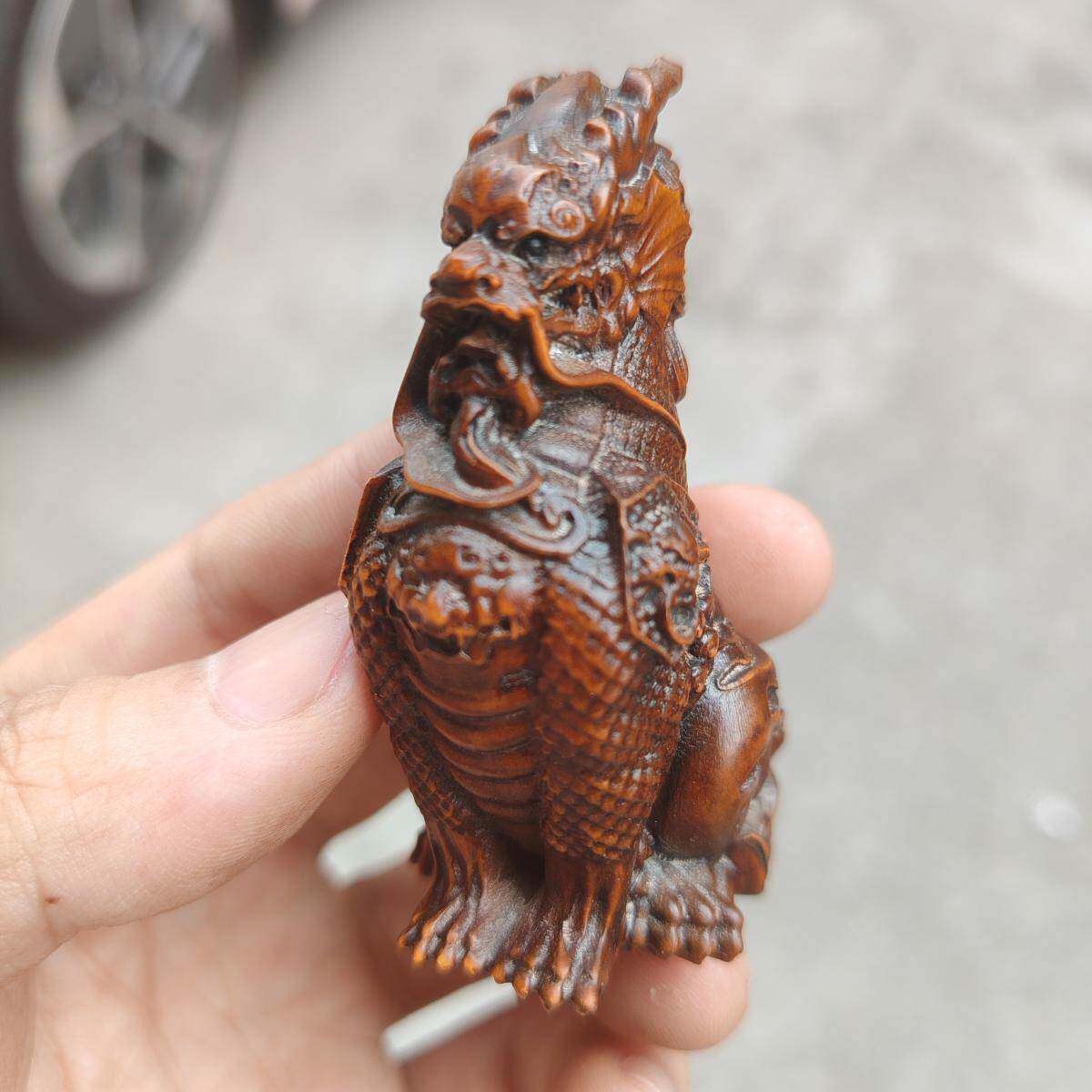 旧藏黄杨木雕火麒麟摆件实木雕刻瑞兽麒麟手把件吉祥物工艺品饰品