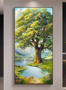 壁画装饰画入户玄关高级挂画风景过道森林聚宝盆风水大树小鹿山水