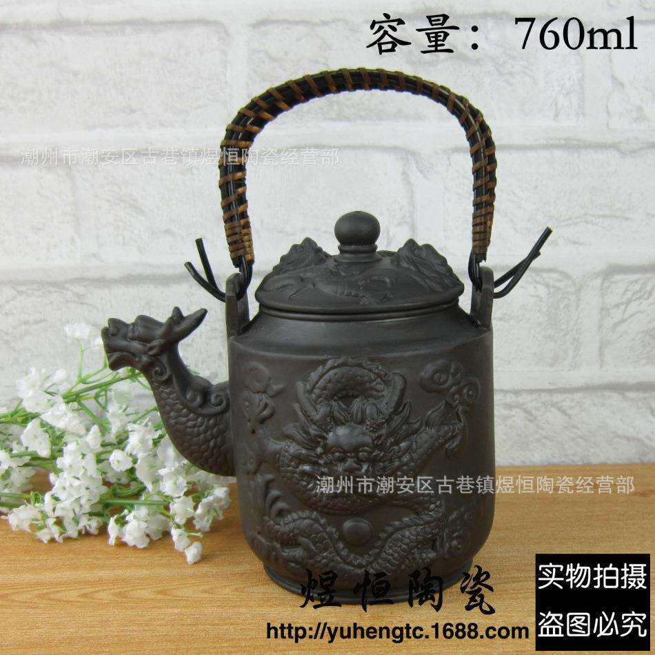 茶具直销 紫砂壶 超大容量茶壶 提梁壶 仿古浮雕刻龙壶760ml