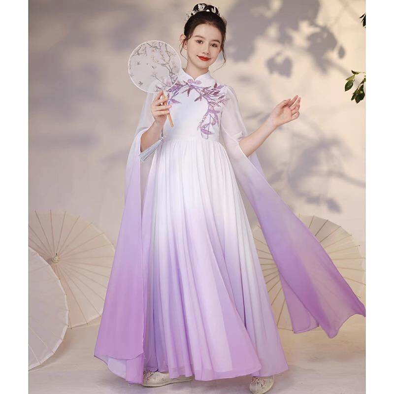 女童古筝服新款紫色渐变竹叶国风二胡演奏礼服儿童古筝演出服定制