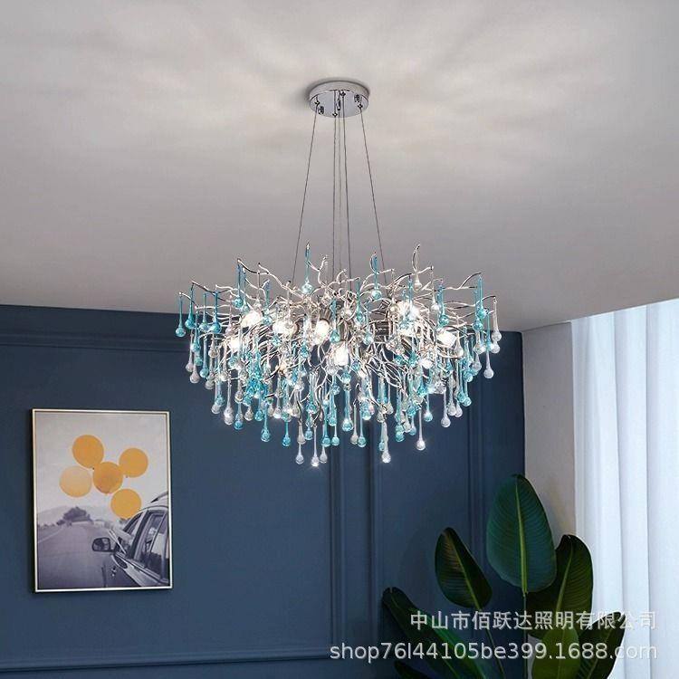 现代轻奢水晶吊灯客厅时尚创意蓝色大厅主灯个性树枝水滴水晶灯具