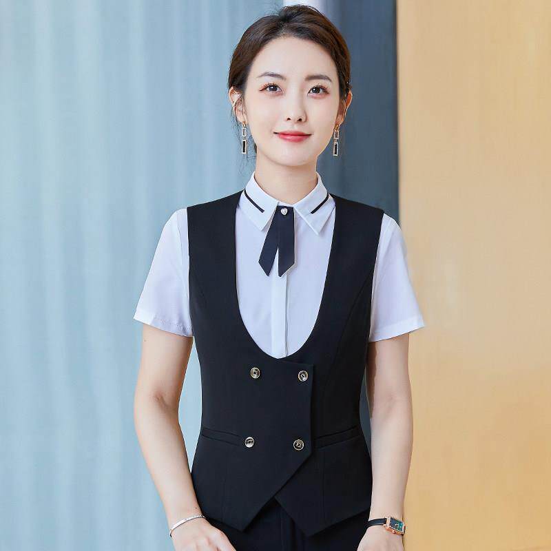 新款双排扣马甲套装女职业装V领马夹上衣酒店KTV餐厅服务员工作服