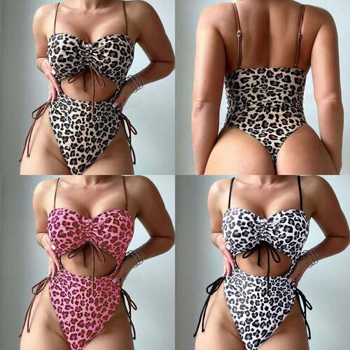 Womens Leopard Print Cutout Backless One-Piece Swimsuit