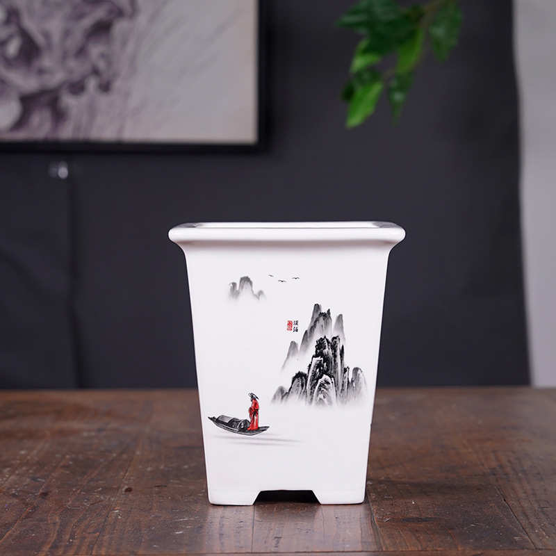 高级感陶瓷花盆高款方形彩绘贴画绿植兰花盆栽盆景盆中国风批发