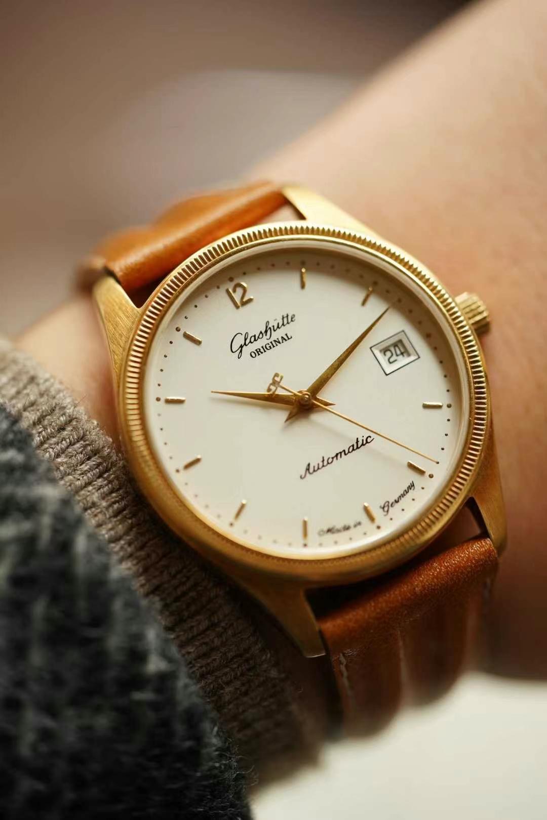 秒杀98新36mm格拉苏蒂复古18k黄金钱币纹表圈自动机械男腕表正品