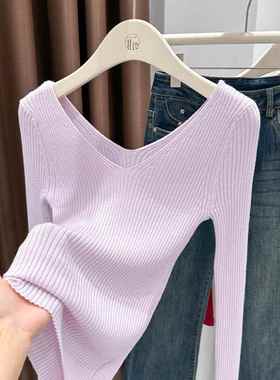 紫色前后V领长袖针织衫女秋冬收腰显瘦打底毛衣纯欲低胸露肩上衣