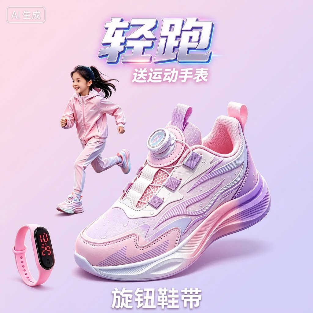女童中大童女生运动鞋跑步鞋单鞋皮面厚底旋钮鞋带轻跑秋冬春秋款