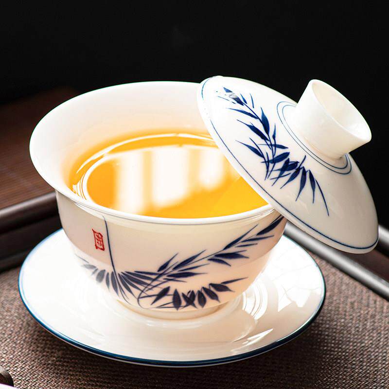 羊脂玉三才盖碗茶杯单个手绘釉下彩白瓷陶瓷泡悬停茶碗大号250ml