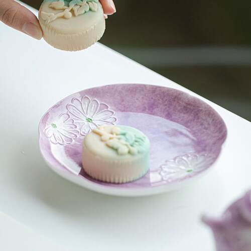 弥言豆蔻紫纯手绘壶承手工花口陶瓷干泡盘小型茶台家用小茶盘茶点