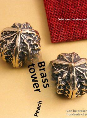 实心古董核桃柄件，一对纯黄铜狮子头官员帽子核桃玩饰品抱球