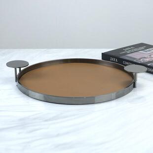 饰品 收纳摆件装 简约现代轻奢橘色黑色皮金属圆托盘 客厅桌面时尚