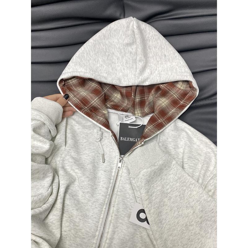 美式复古格子拼接连帽卫衣女慵懒宽松加厚冬季400g摇粒绒开衫外套