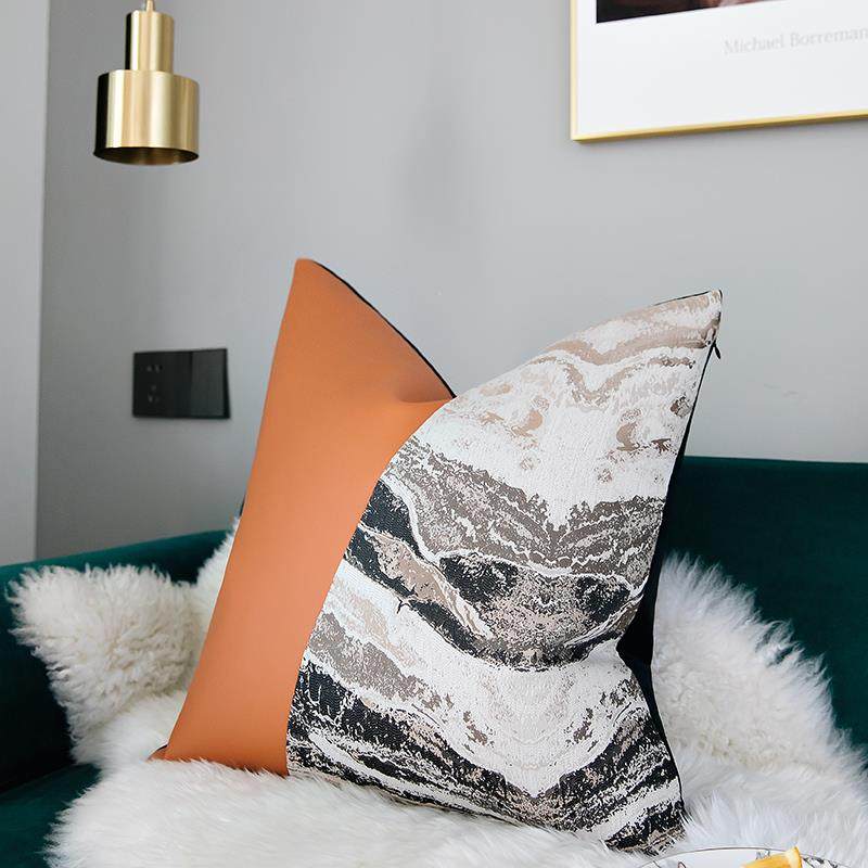 正品设靠计推荐北欧奢样板房师垫大理石纹理皮拼接沙发轻抱枕腰靠