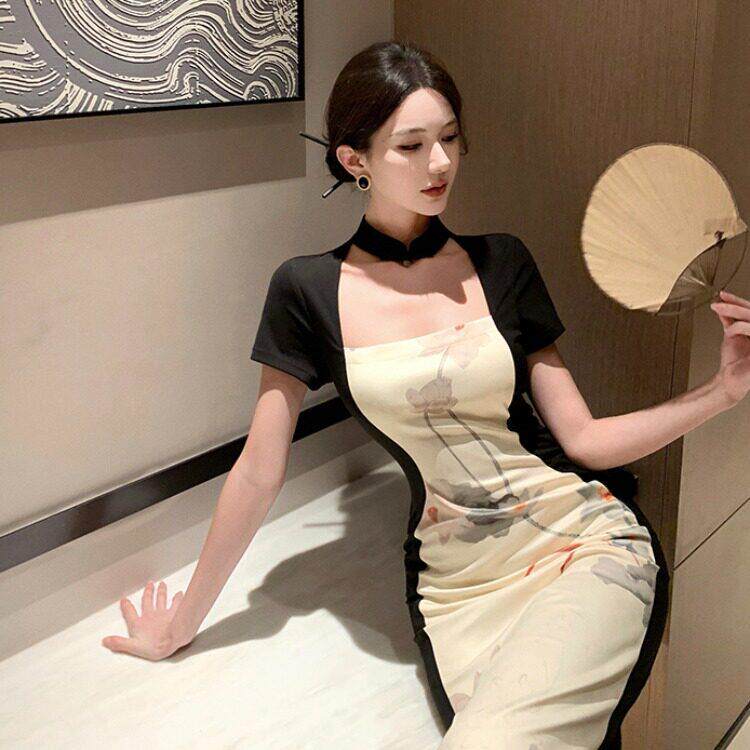 直播衣服女主播服装性感镂空年轻款新中式挂脖旗袍改良版连衣裙