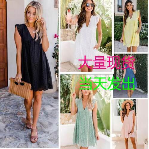 Lace hollow collar dress for women with pocket lining