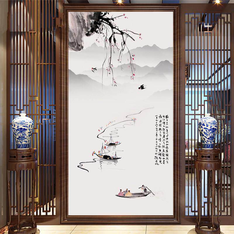 3D新中式水墨山水玄关墙布客厅茶室壁画入户过道壁纸简约走廊壁纸