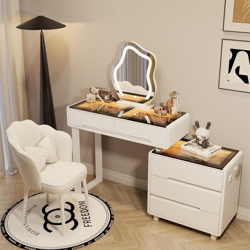 轻实木智能梳书妆台卧室化妆桌收风纳柜现代奢简77约一体桌奶油新