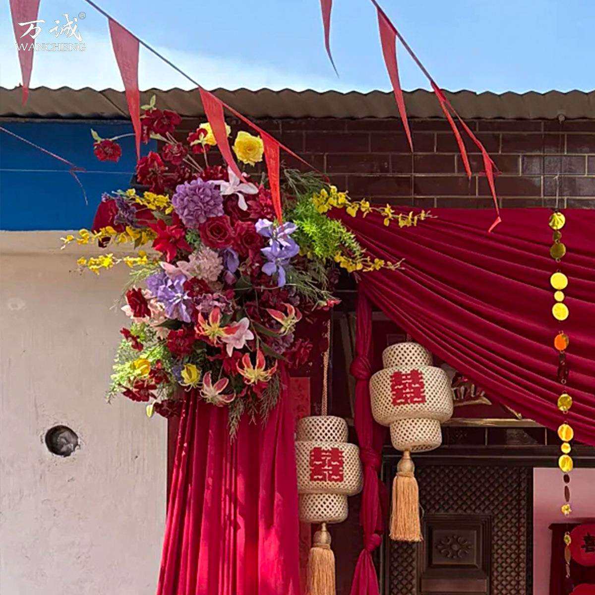 新中式大门挂花婚庆迎宾订婚结婚仿真花布置玫瑰婚礼路引成品花艺