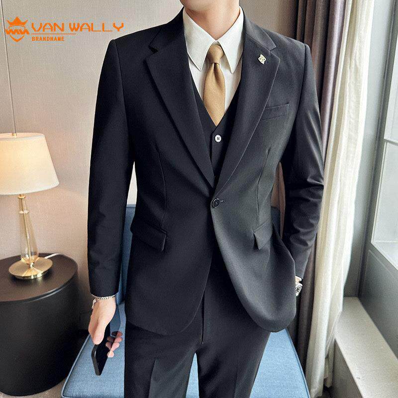 夏季薄款西装套装韩版修身品质大尺码西服三件套新郎结婚礼服套装