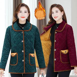 灯芯绒加绒棉衣女中老年女装40岁50妈妈加厚保暖抗寒冬季棉服外套