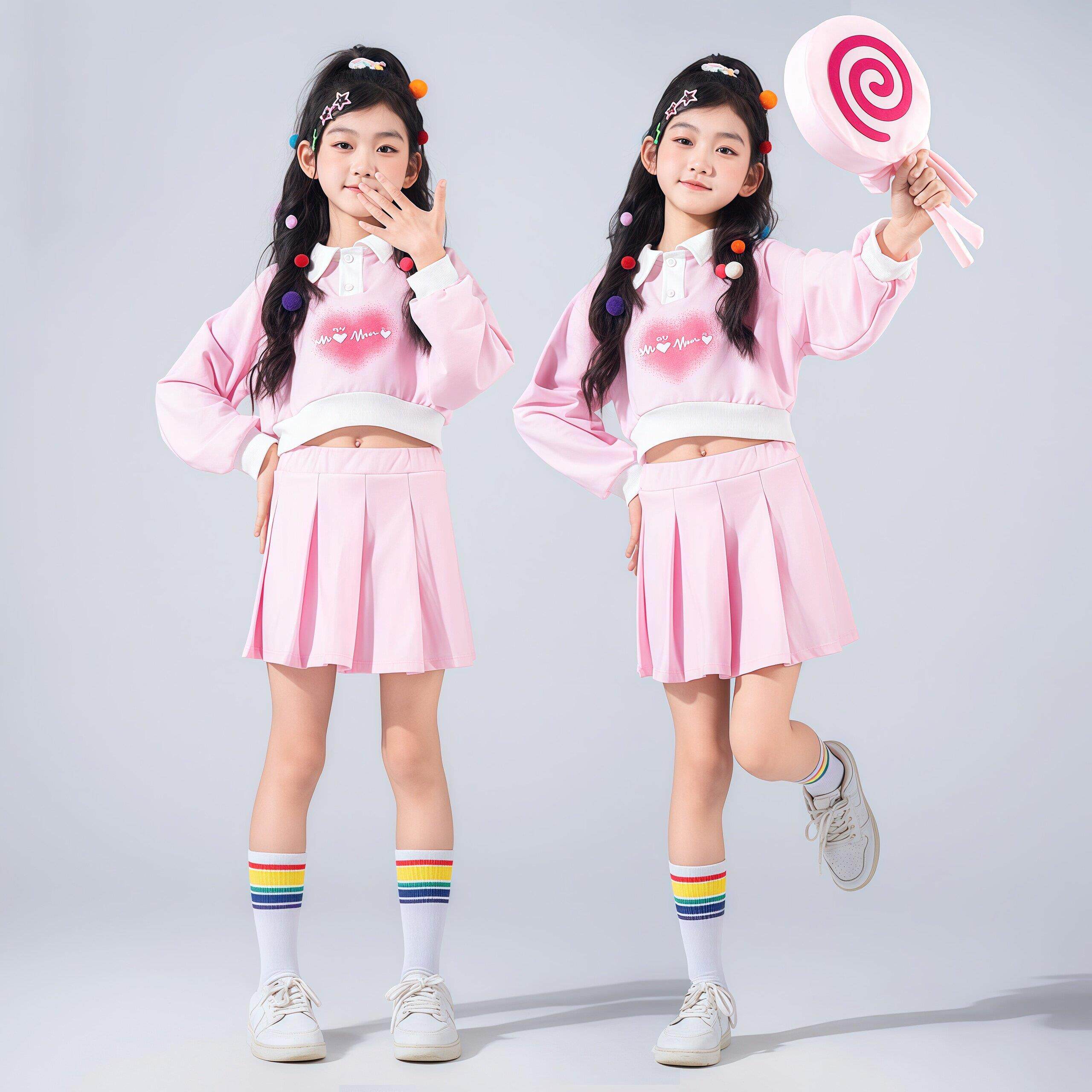 儿童爵士舞演出服女童舞蹈服露脐套装幼儿园啦啦队表演服蓬蓬裙