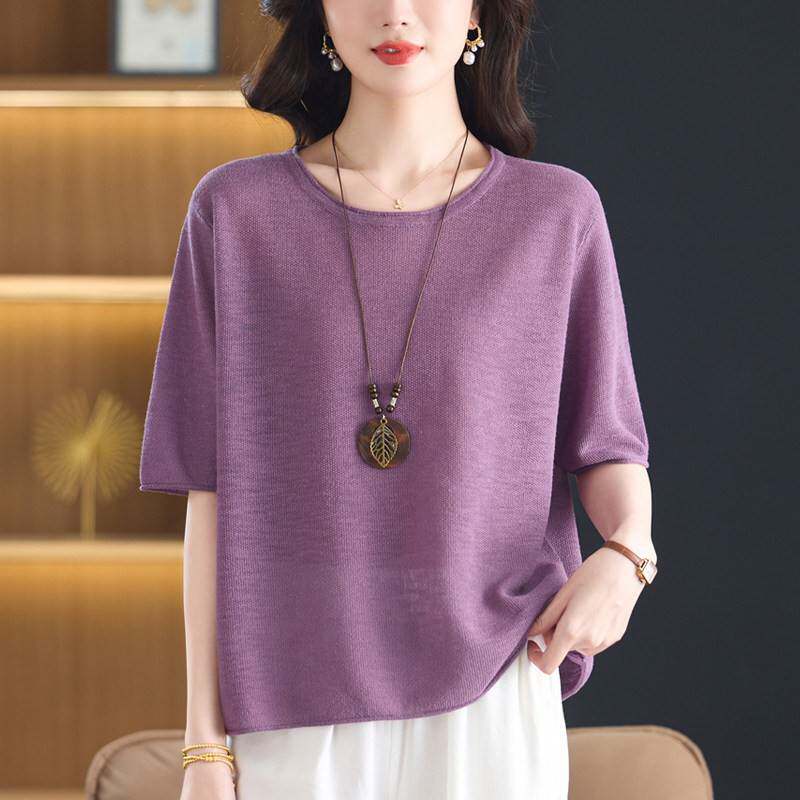 中年妈妈夏季短袖T恤冰丝针织衫女宽松加大码洋派圆领纯色t恤上衣