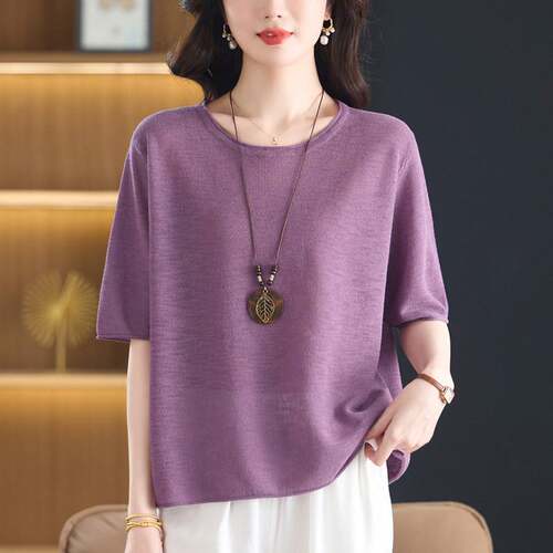 中年妈妈夏季短袖T恤冰丝针织衫女宽松加大码洋派圆领纯色t恤上衣