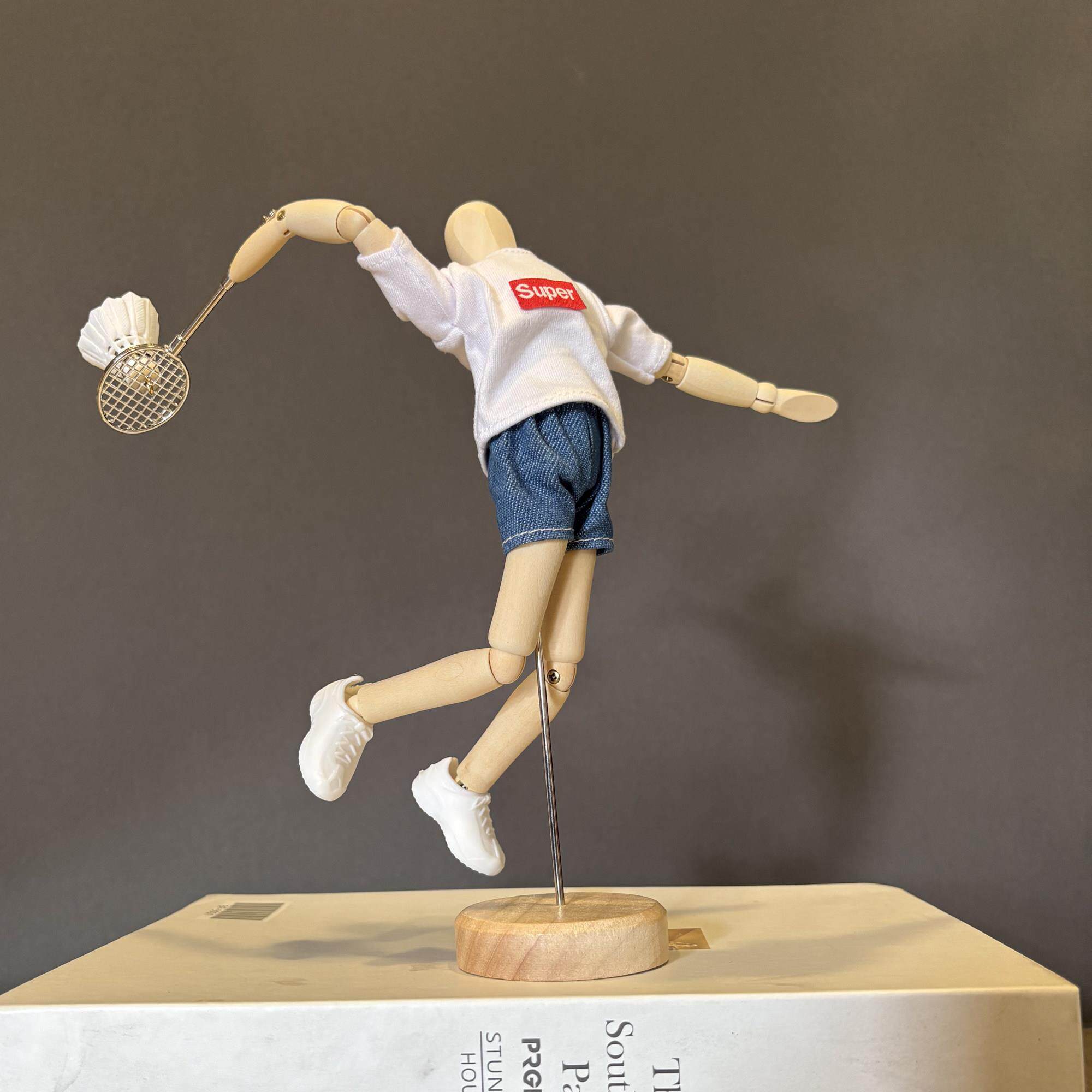梧棣木人创意羽毛球主题装饰摆饰精致羽毛球礼品木偶人关节可动