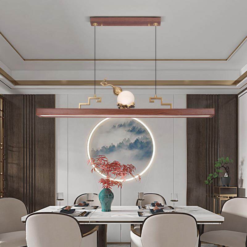 新中式吊复古胡桃木全铜吊线灯一字古典全光谱护眼茶室吧台餐厅灯