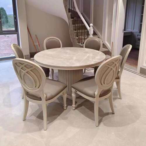 北美之家圆形餐桌简约现代实木北欧法式复古白餐桌餐椅餐厅家具
