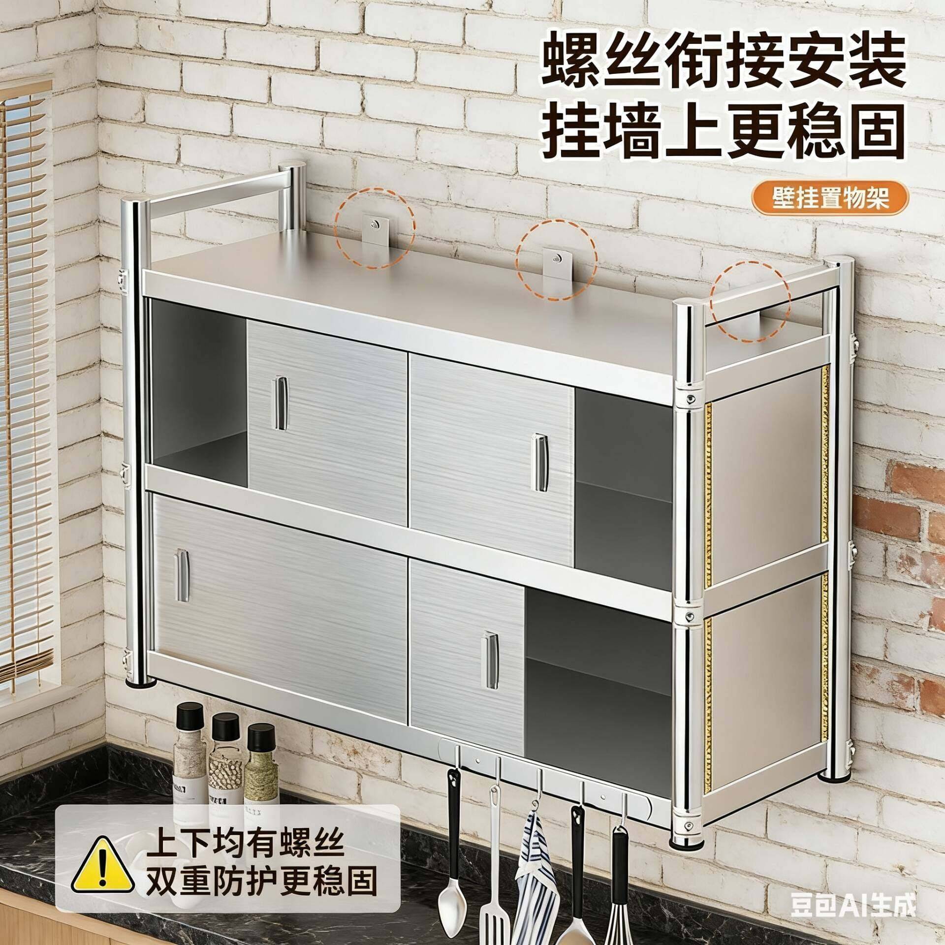 厨房不锈钢防尘挂壁置物架上墙两层新款加厚304厨房不锈钢吊柜