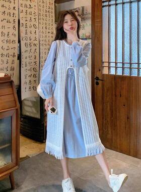 LILY MOST初春森系小清新蓝色衬衫连衣裙叠穿流苏镂空罩衫裙穿搭