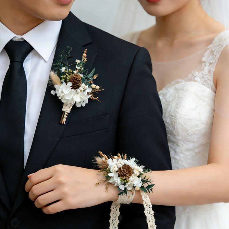 森系婚礼松果白绿色襟花胸花清新新郎新娘手腕花结婚服饰装饰花束