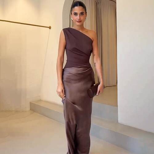 Womens OneShoulder Satin Evening Gown Long Bodycon Dress