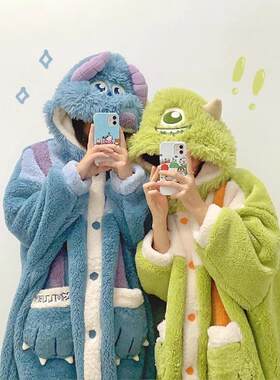 怪兽大学睡袍女冬季加厚加绒保暖毛绒可爱情侣珊瑚绒睡衣男士套装