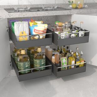 新款黑色加高抽屉拉篮带滑轨厨房收纳托 托盘整体橱柜改造收纳箱