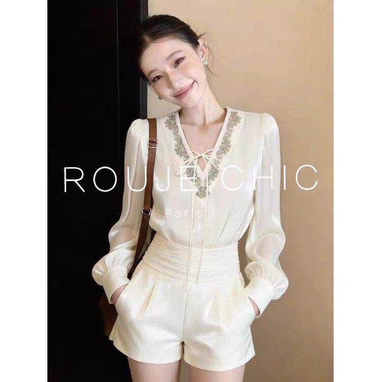 ROUJE CHIC法式系带V领白色长袖衬衫女春设计感小众通勤衬衣上衣