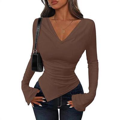 Women's Asymmetrical Neck Knit Long Sleeve Fitted Vneck Tee