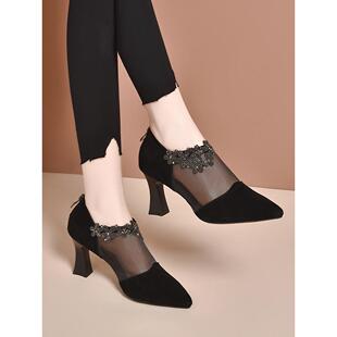 和春季 磨砂尖趾厚跟深口夏季 凉鞋 2026年春季 网切0330k 新款